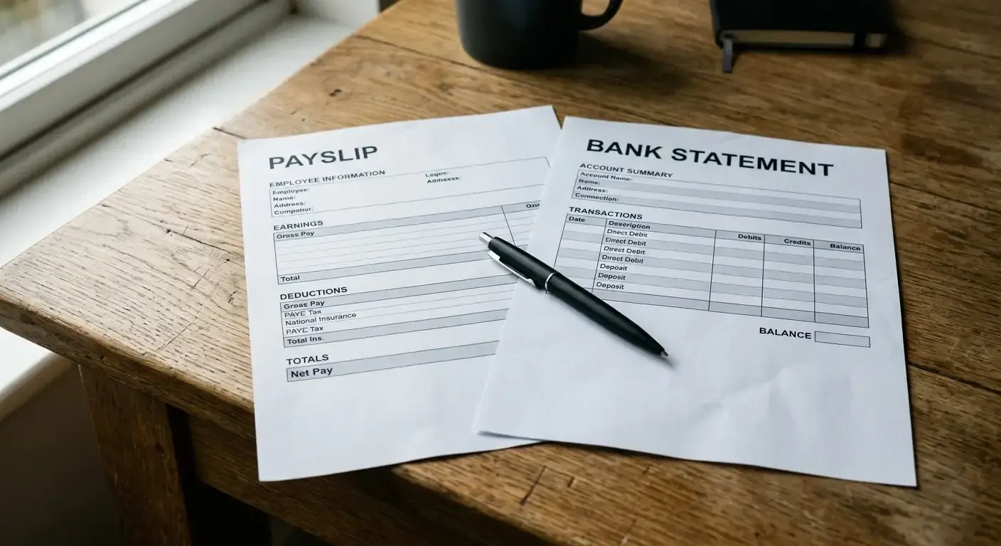Generic payslip and bank statement placeholders requested as source of funds documentation