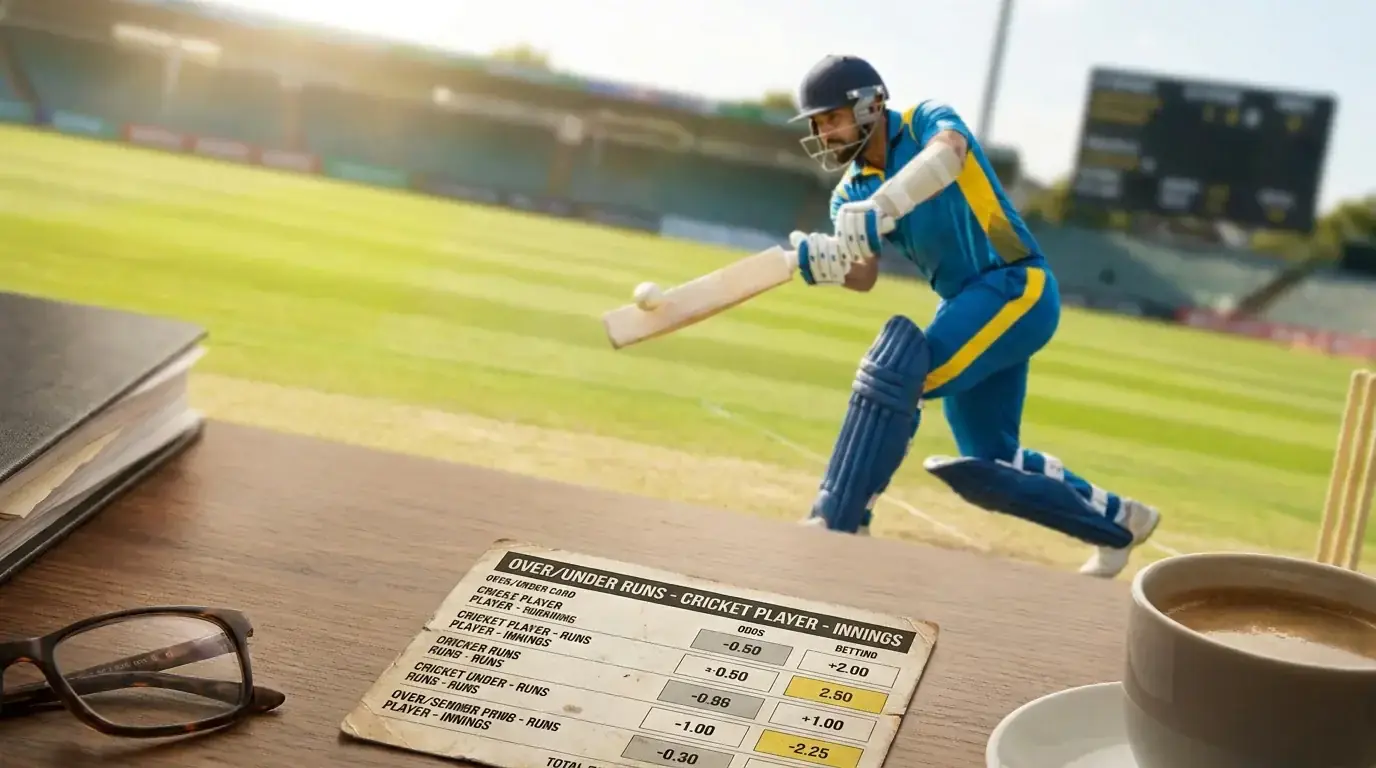 Cricket batter mid-pull-shot with a player runs over-under prop card visible in the foreground