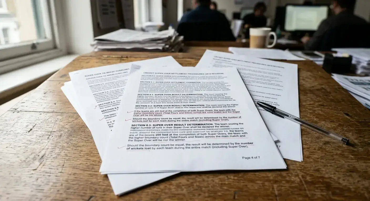 Printed pages of post-2019 cricket sportsbook rule revisions on a wooden desk