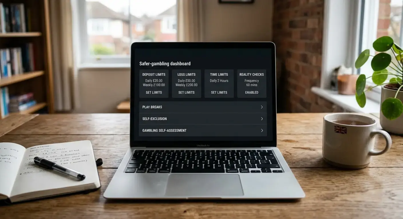UK cricket betting safer gambling dashboard on a laptop showing deposit and loss limit tools
