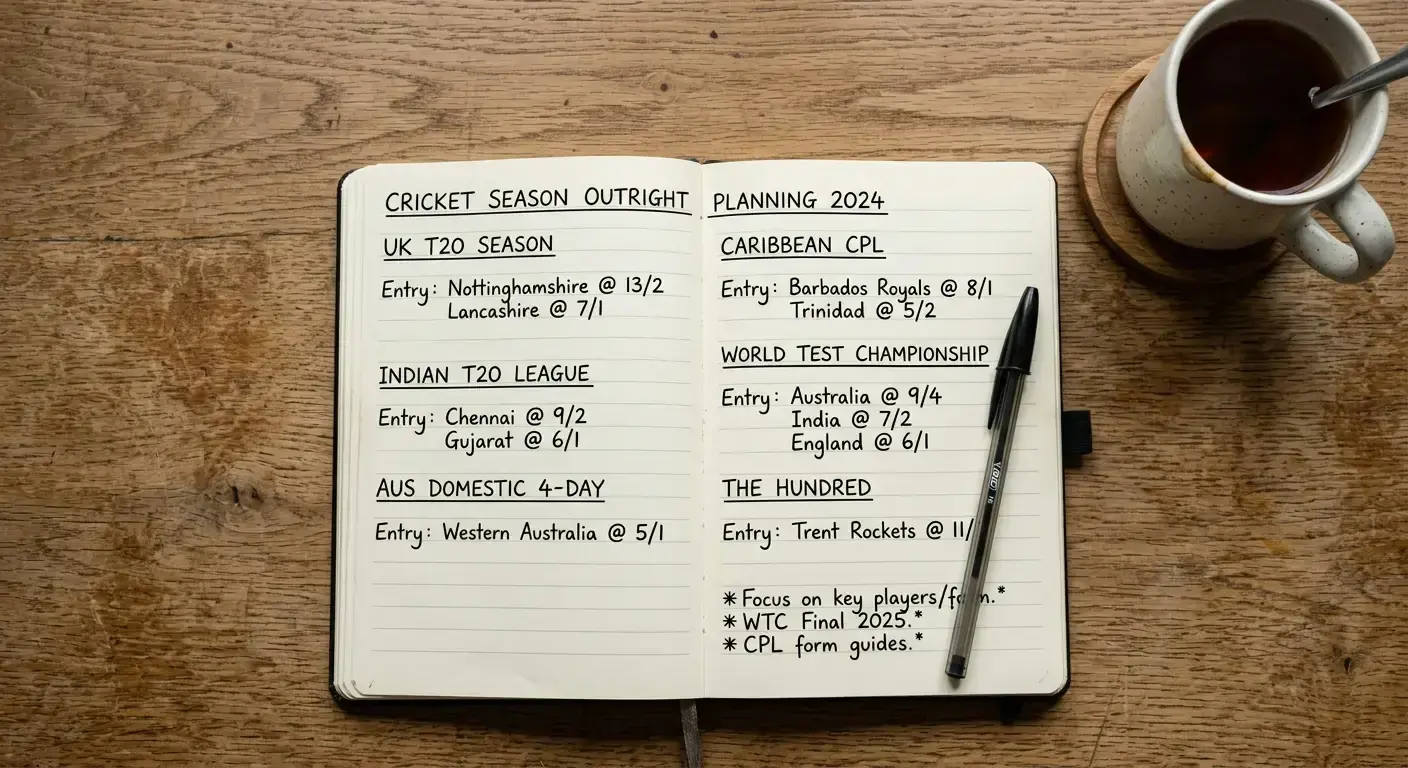 Cricket bettor's season planning notebook with outright tournament selections written by hand