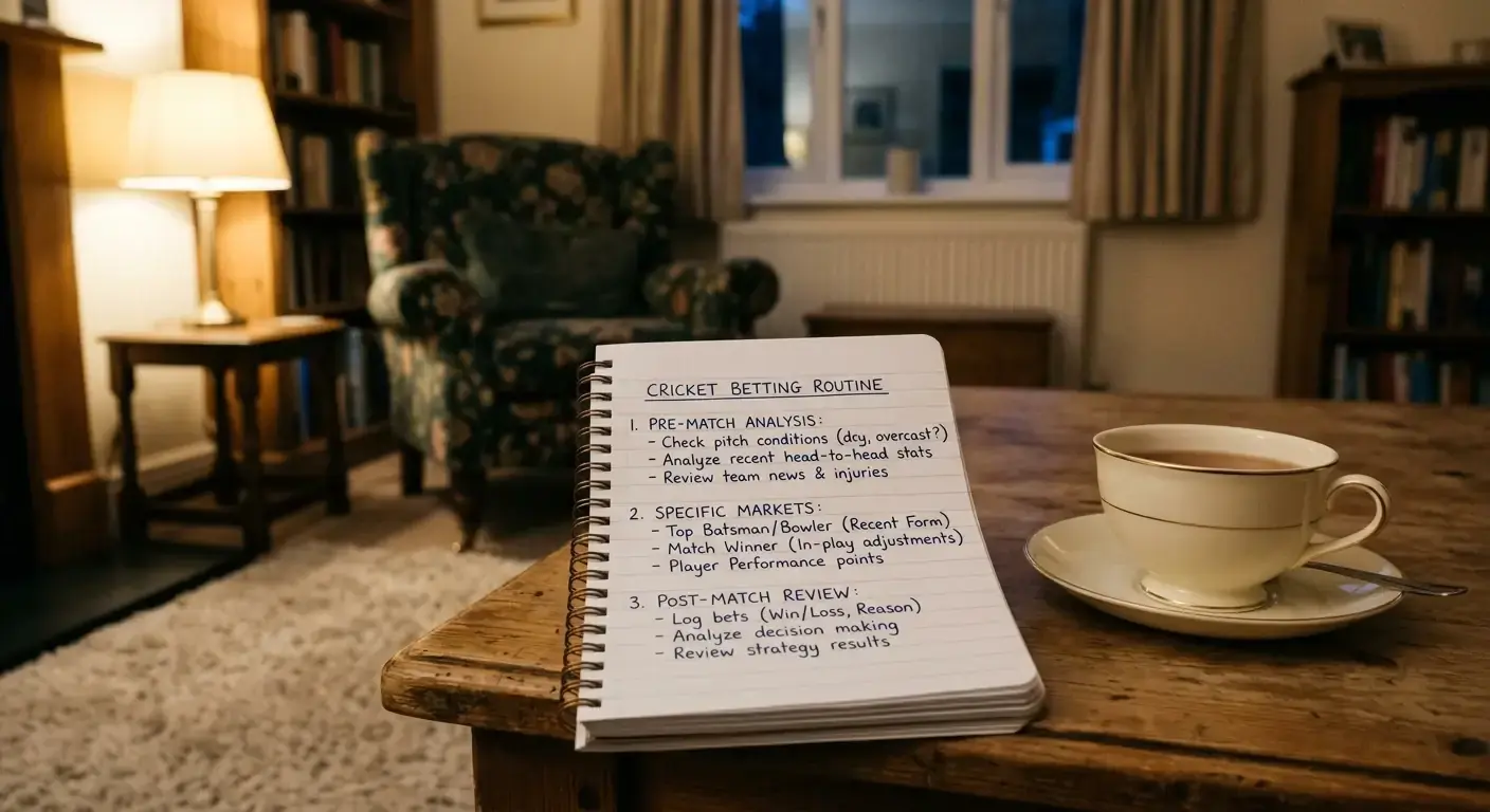 Quiet UK living room with a notebook and tea showing a cricket-specific betting routine