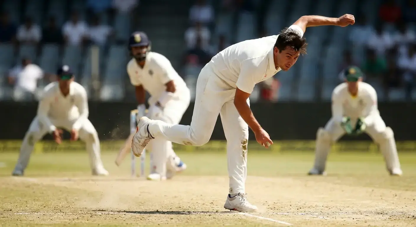 Cricket bowler in delivery stride with front foot near the popping crease