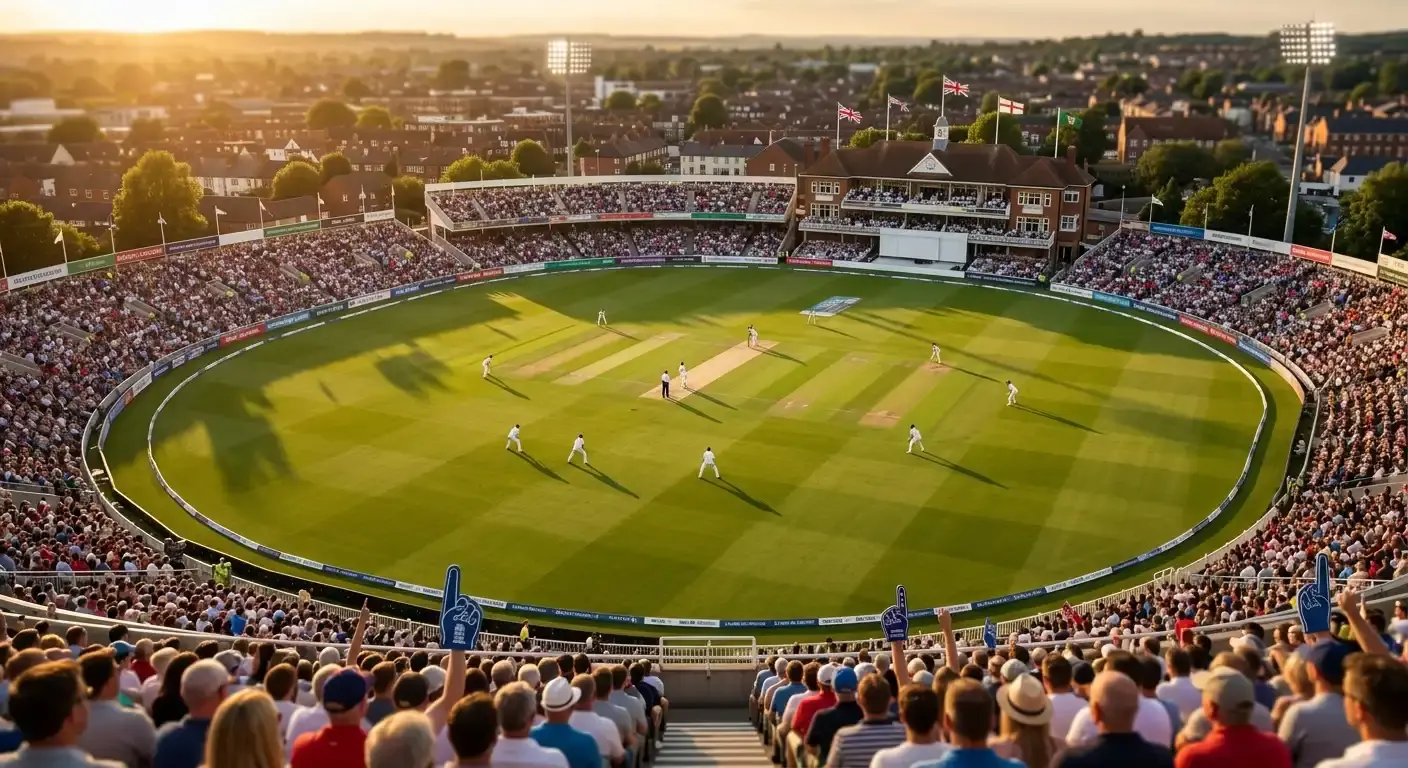 Cricket tournaments betting UK scene with packed English ground at sunset