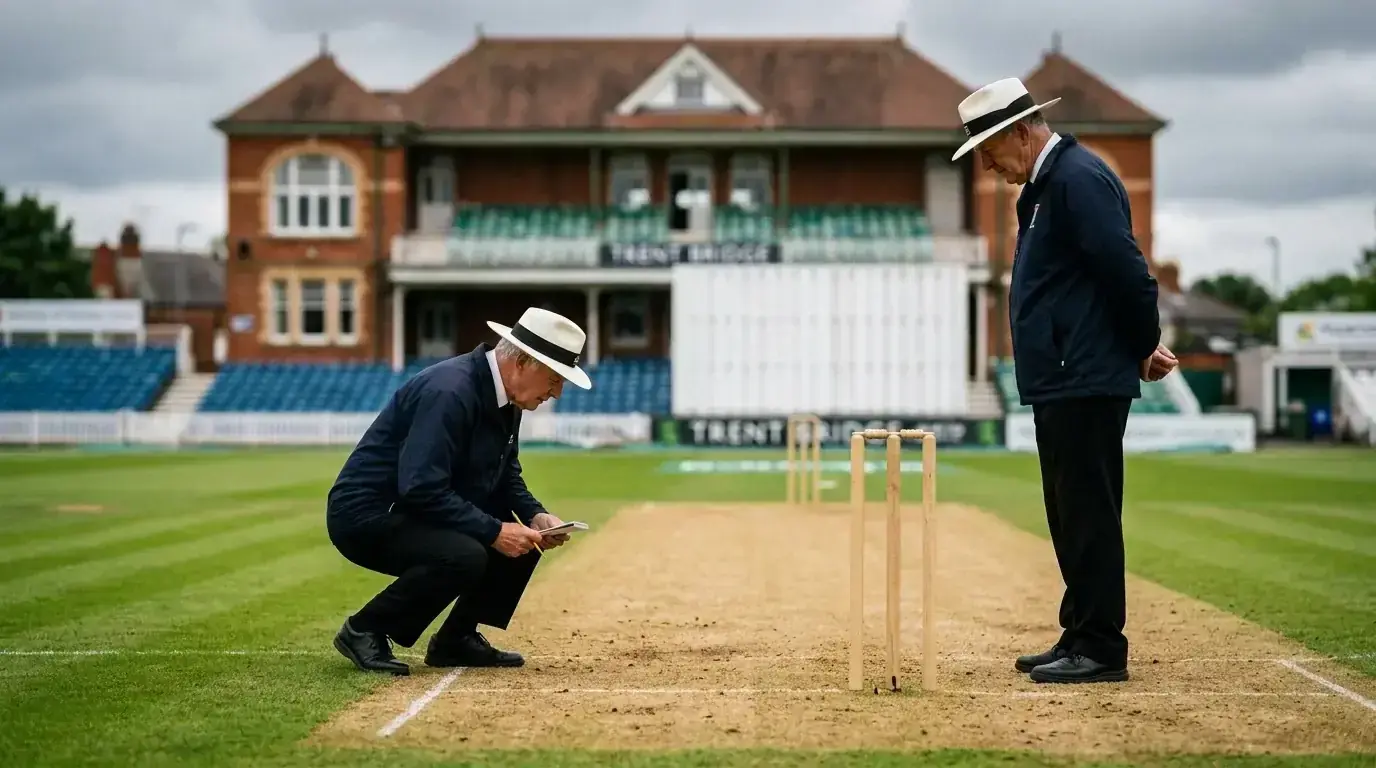 Two cricket umpires inspecting the pitch before play at a UK ground