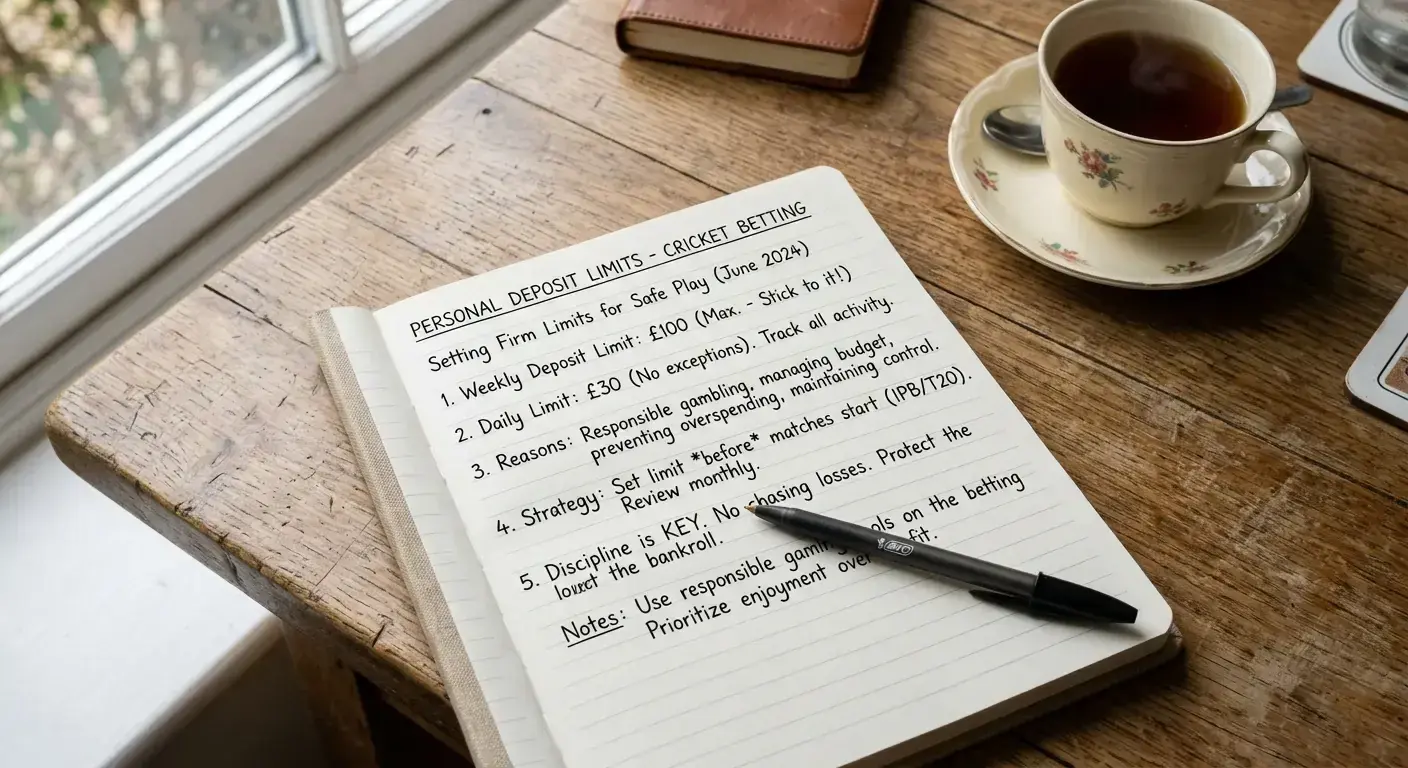 Notebook page reflecting on setting a personal deposit limit for cricket betting