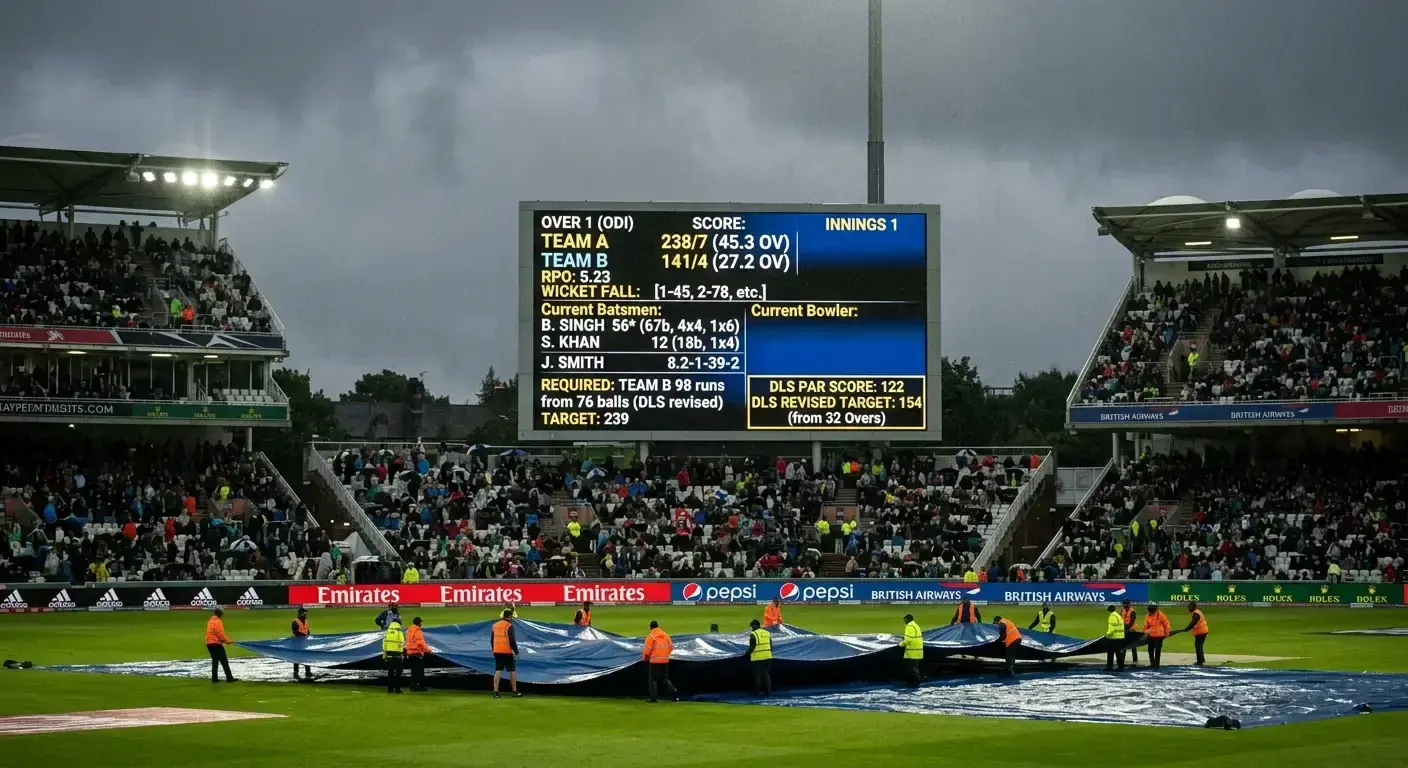 DLS revised target shown on a digital scoreboard during a rain interruption in an ODI