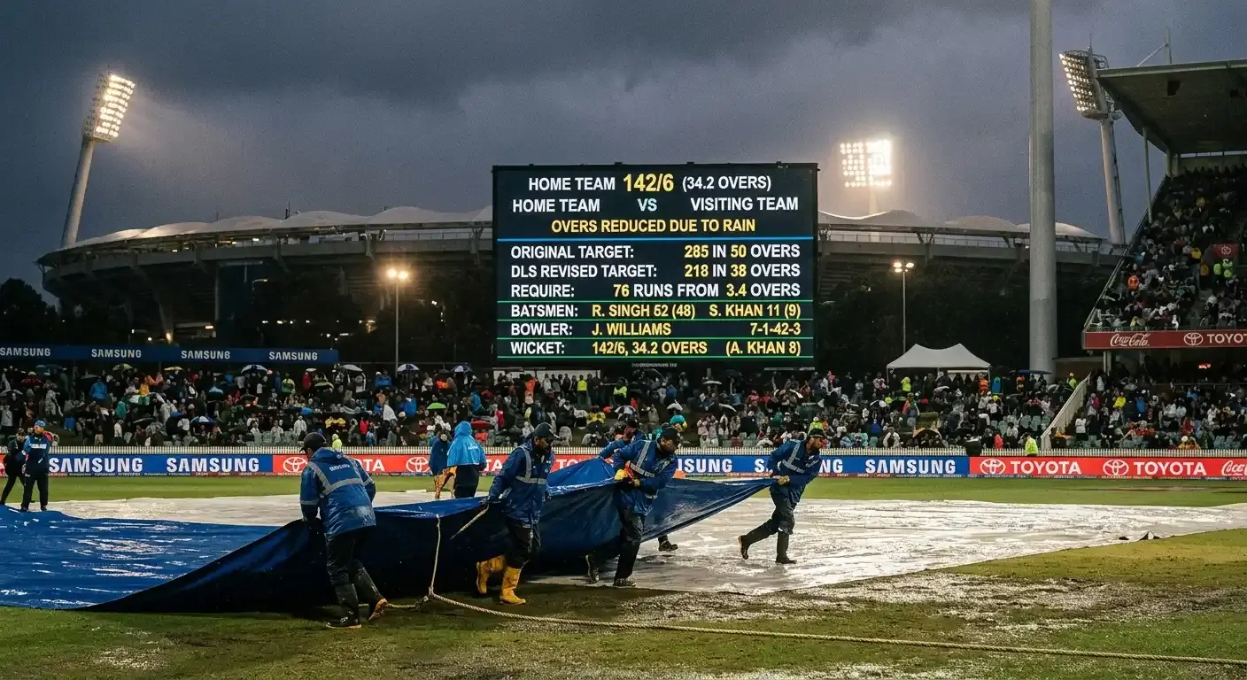 Cricket scoreboard during a rain delay showing both DLS revised target and original target