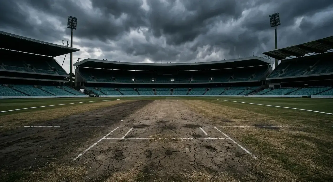 Test pitch with rain clouds gathering, hinting at a possible draw on day five