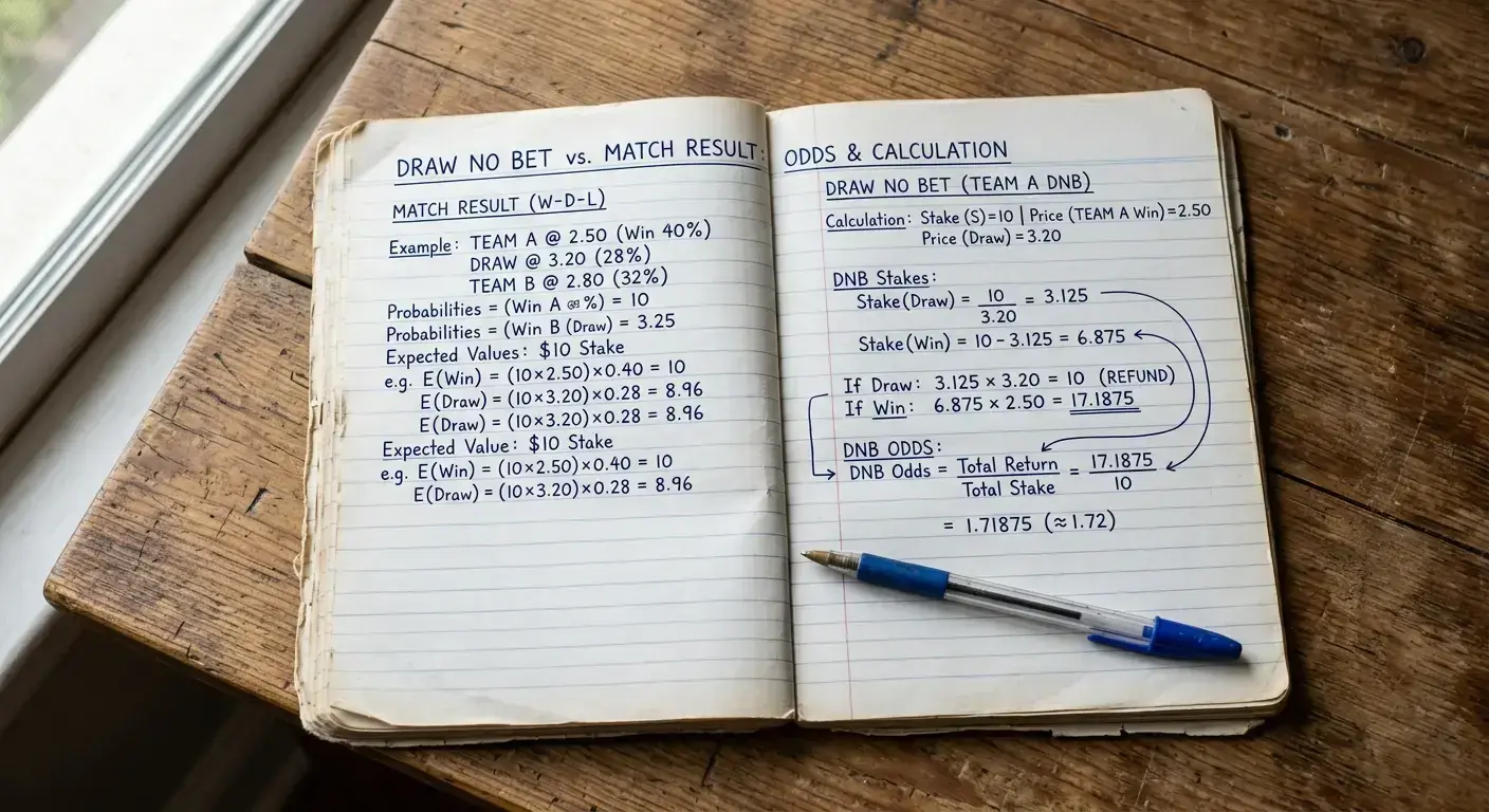 Handwritten notebook page with the maths of when draw no bet provides value over a straight result