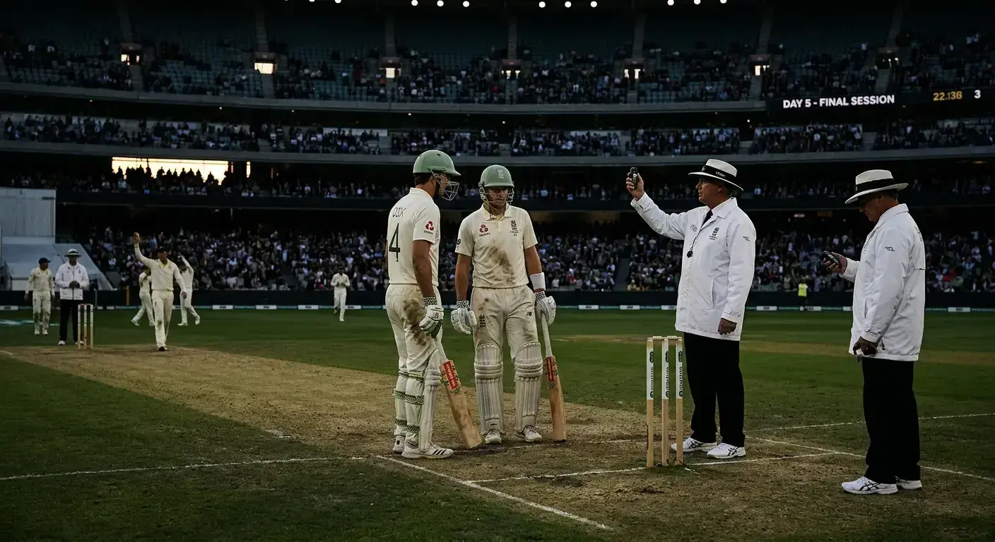Test cricket match at end of day five with batters offered the light as a draw approaches