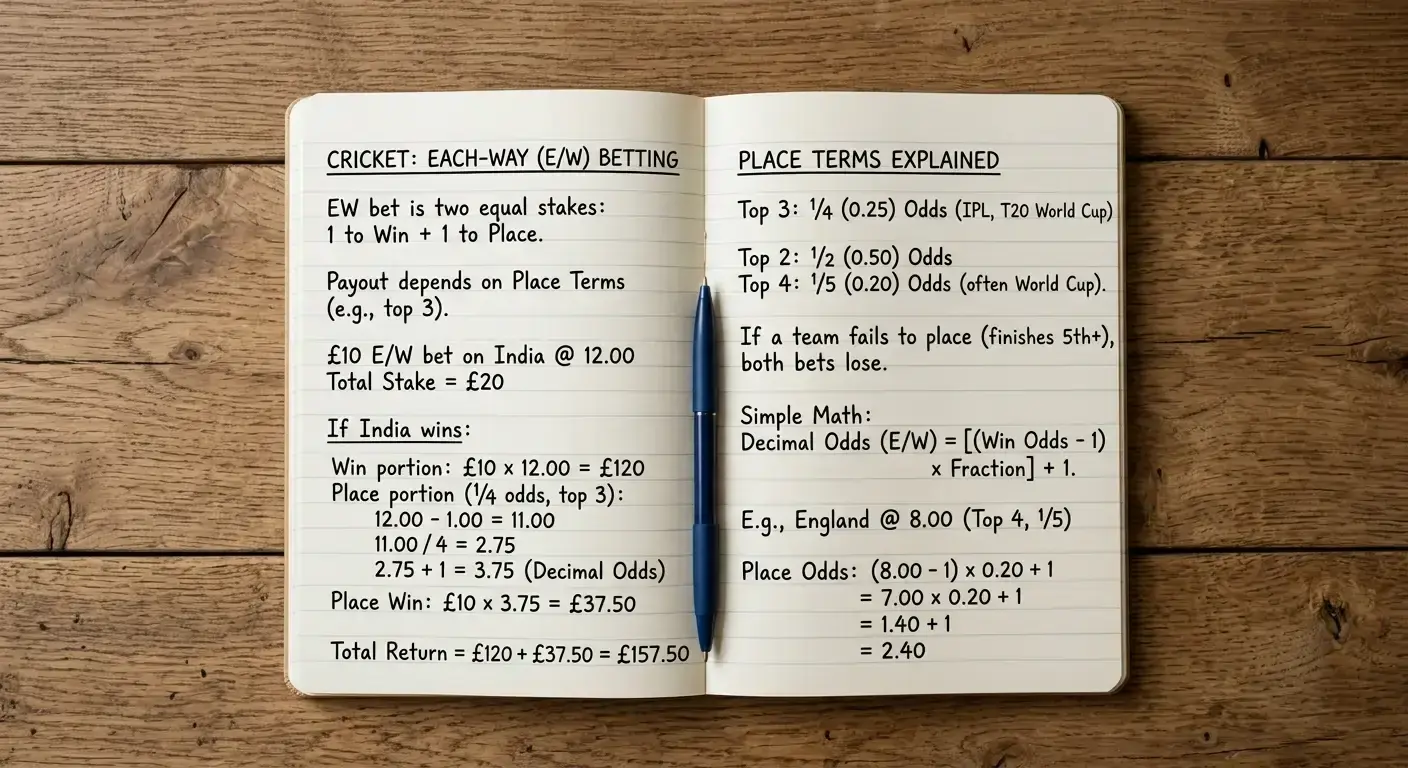 Handwritten notebook page explaining each-way and place terms on a cricket outright market