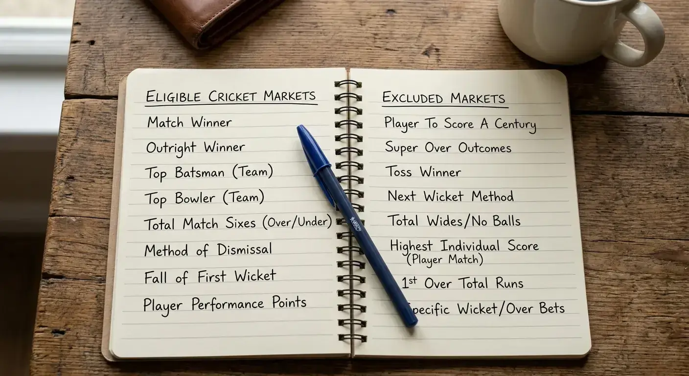 Notebook listing eligible and excluded cricket markets for a UK sportsbook free bet