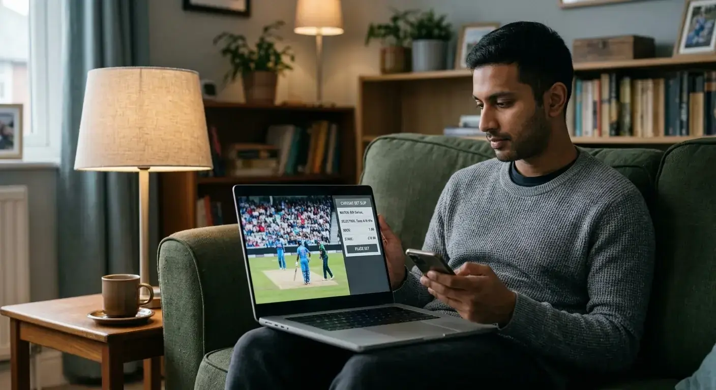 Casual cricket bettor on a sofa with a laptop showing a cricket match and bet slip
