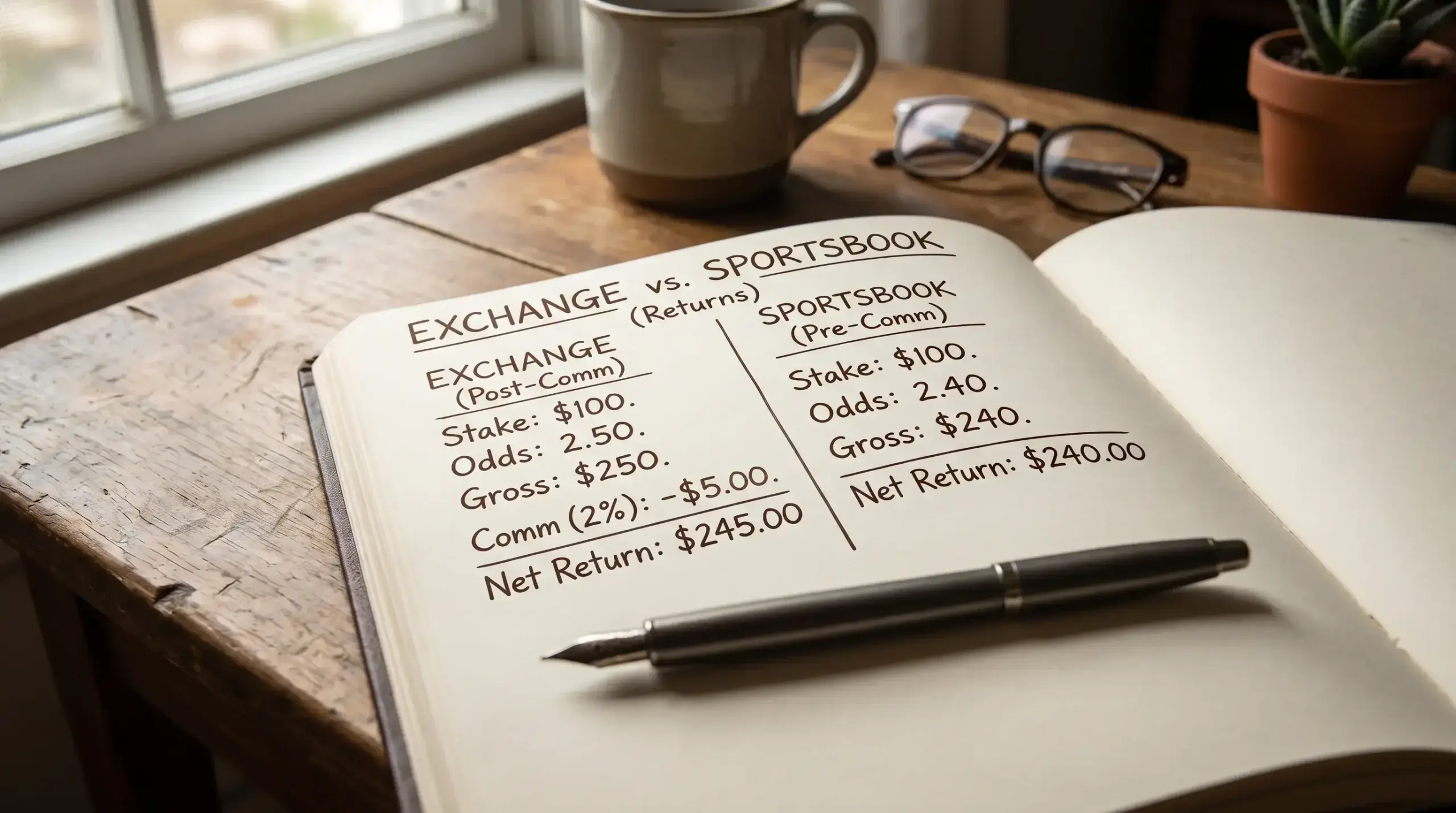 Notebook page laying out exchange commission calculations against straight sportsbook returns