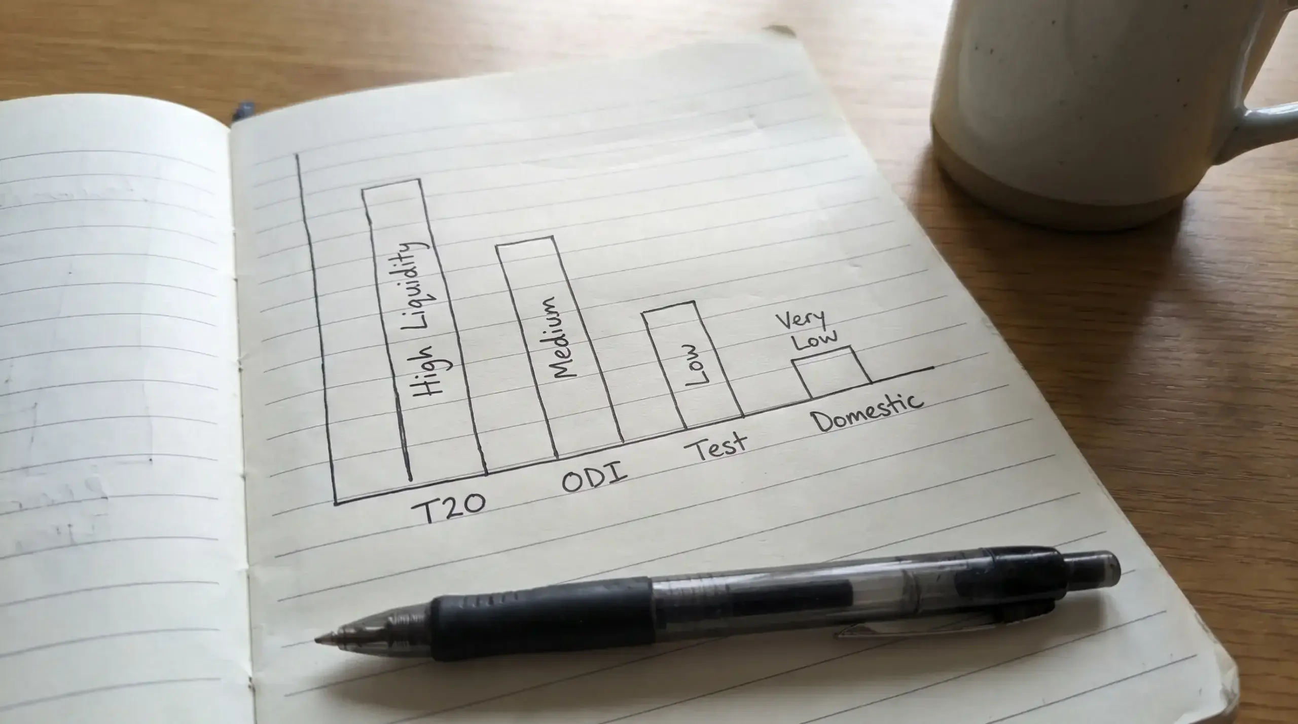 Hand-drawn chart on lined paper comparing exchange liquidity across cricket formats