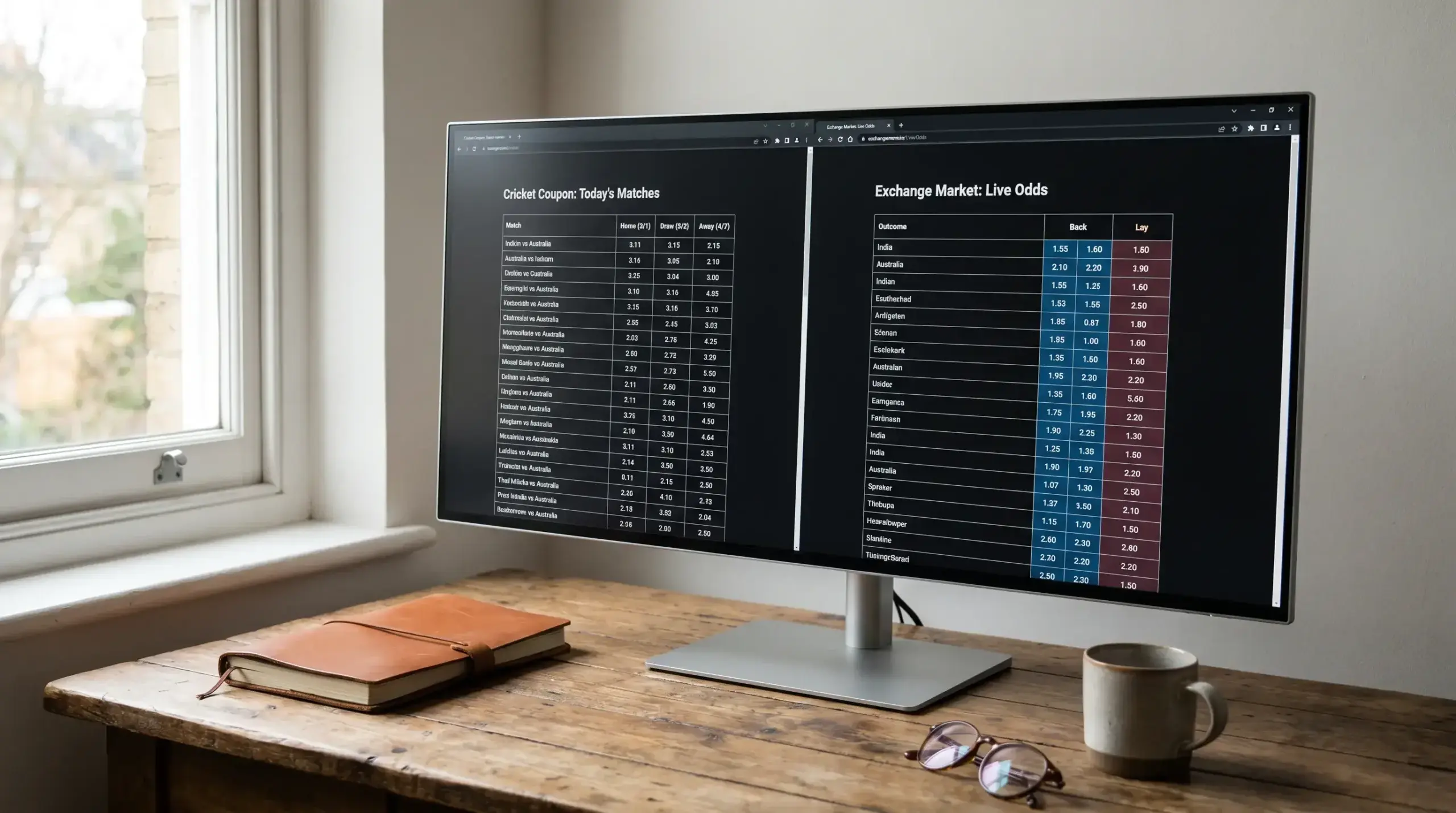 Two browser windows side by side comparing a cricket sportsbook and exchange interface