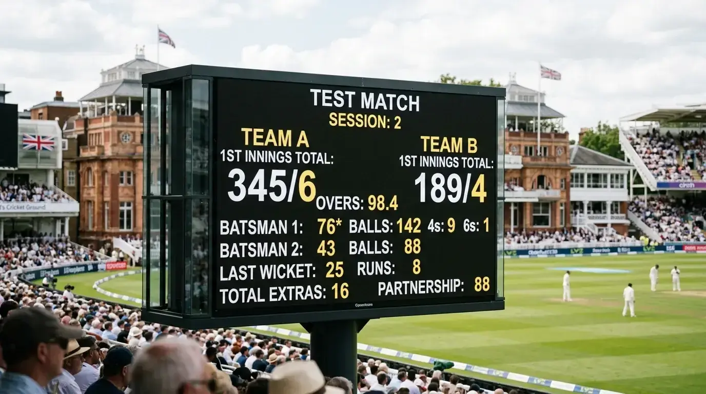 Scoreboard showing first-innings totals used as the basis for a first-innings handicap settlement