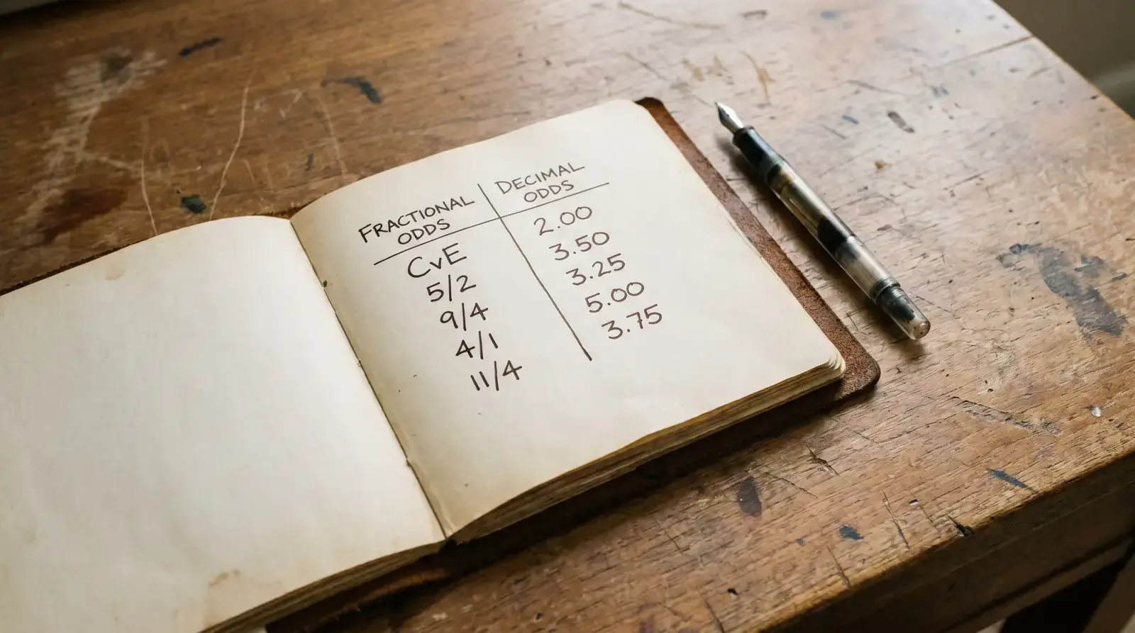Open notebook showing fractional to decimal cricket odds conversions written by hand