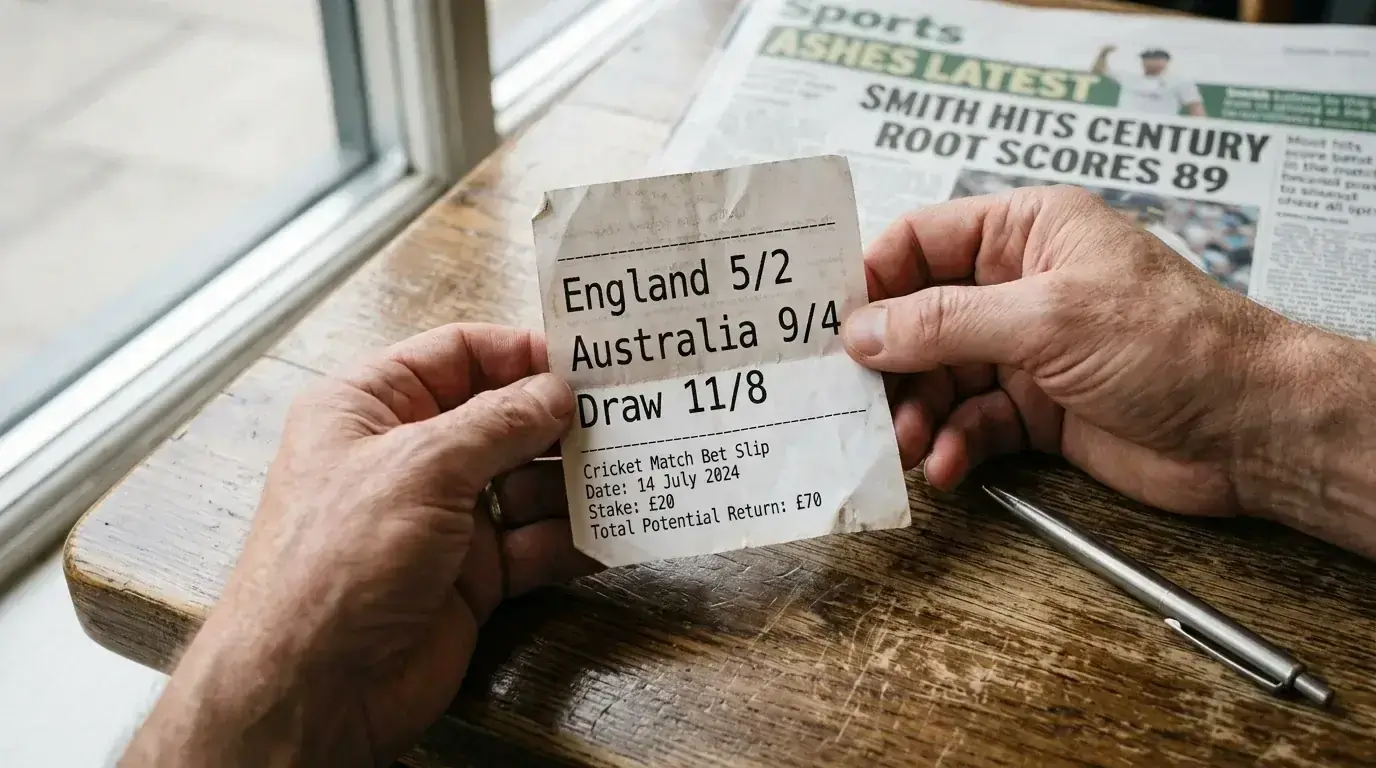 Hand holding a printed UK fractional odds slip on a cricket fixture