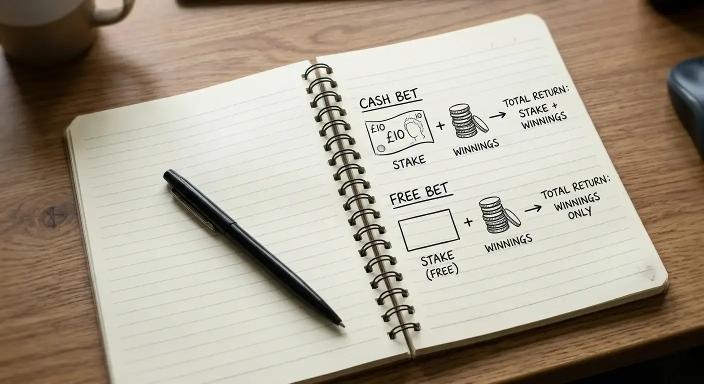 Notebook explaining the difference between a free bet and a cash bet payout on cricket