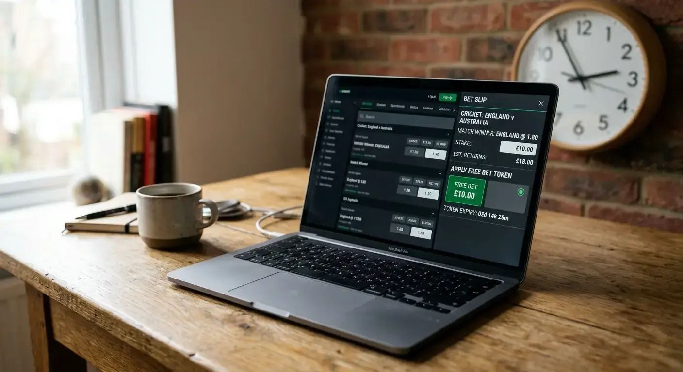 Free bet expiry notice on a laptop with a wall clock visible behind