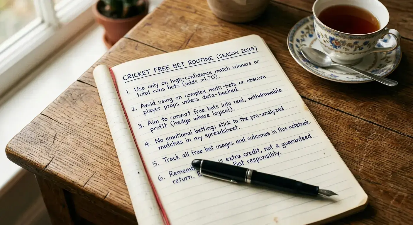 Quiet desk with a notebook of personal rules for using free bets across the cricket season