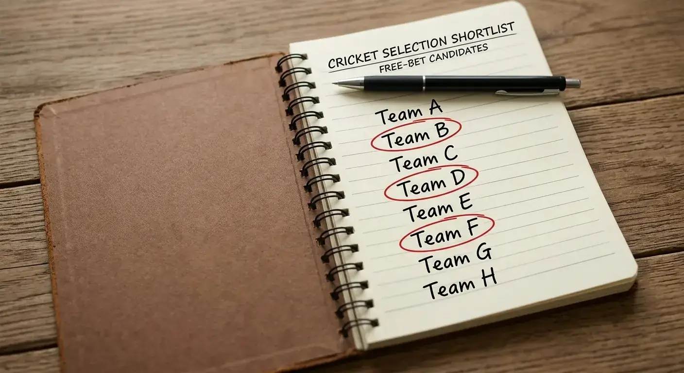 Notebook with a shortlist of cricket selections marked as candidates for a free bet stake