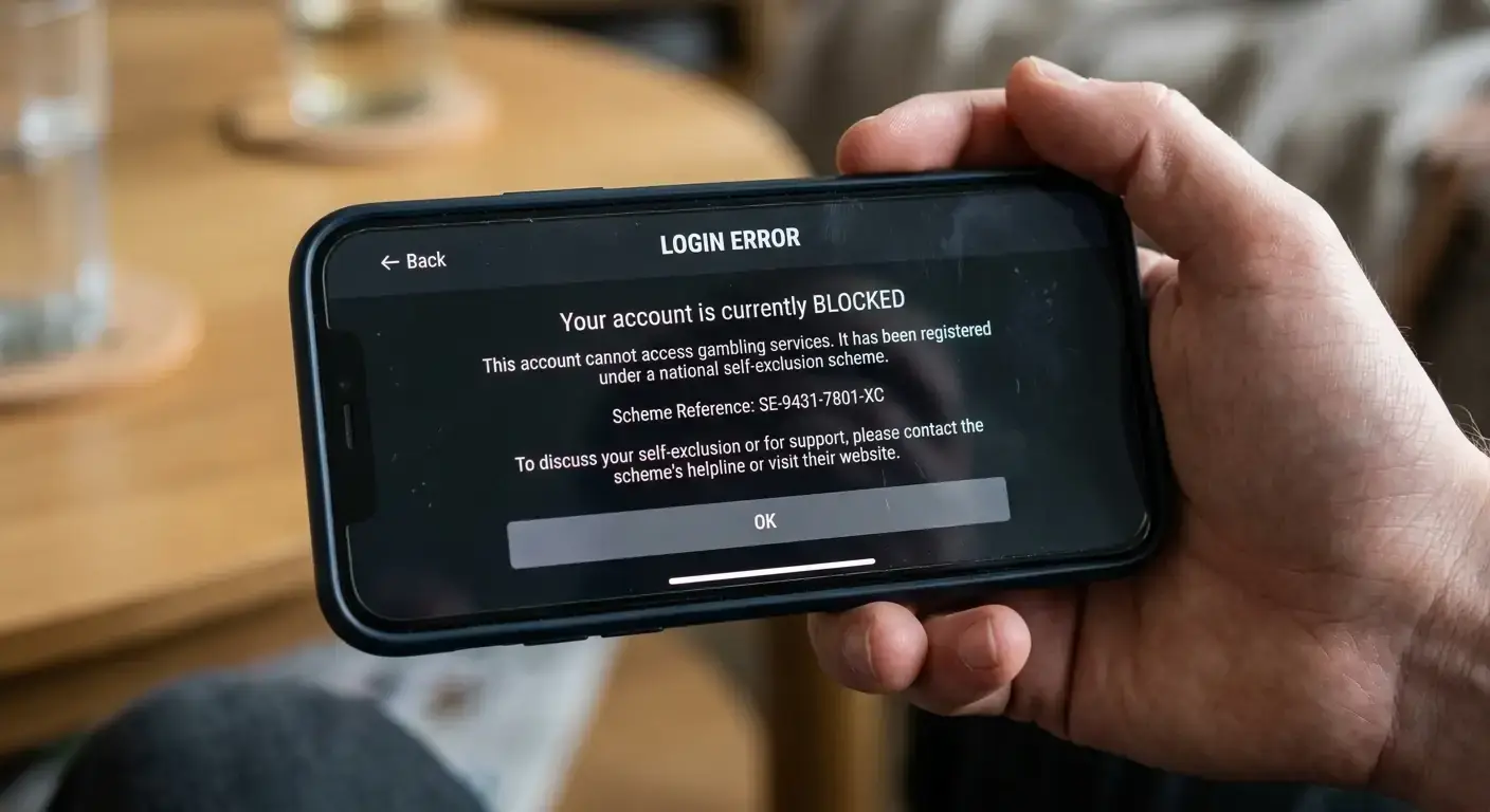 Phone screen showing a self-exclusion block notice when attempting to log in to a sportsbook