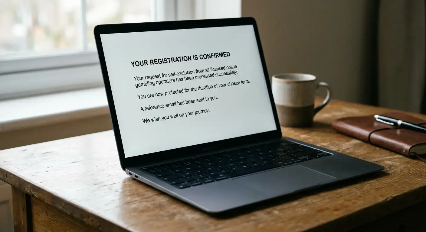 GamStop style self-exclusion confirmation on a laptop screen at a UK home office desk