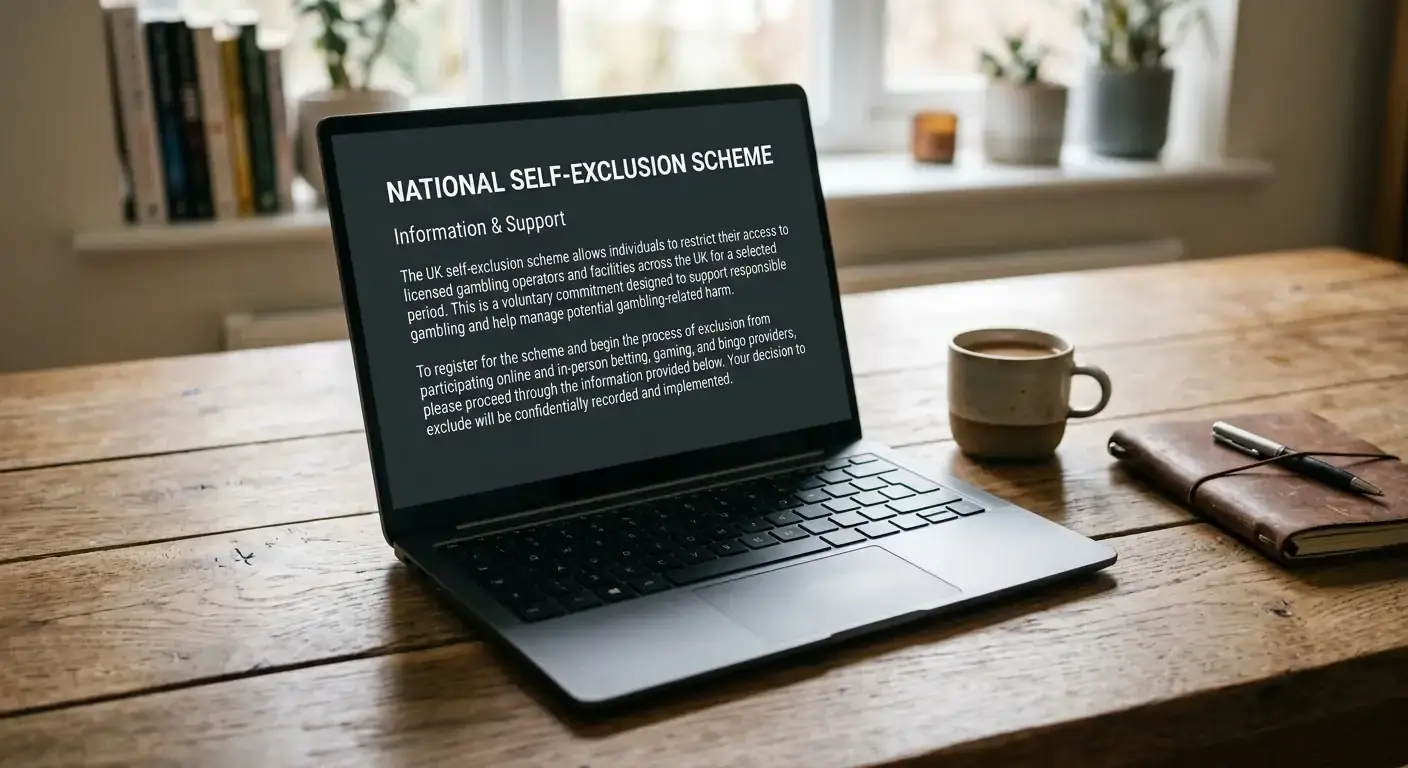 Laptop showing a generic UK national self-exclusion scheme information page