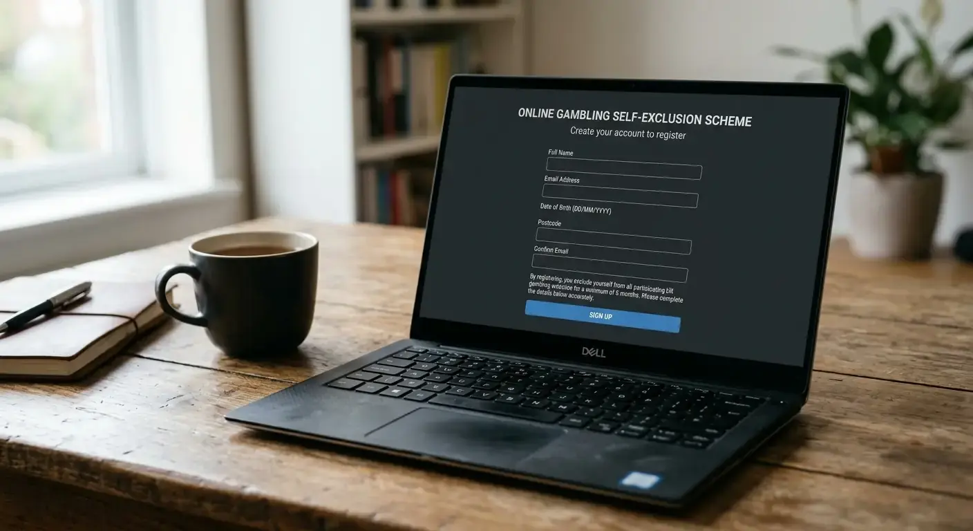 Laptop showing a generic UK self-exclusion scheme signup page on the screen