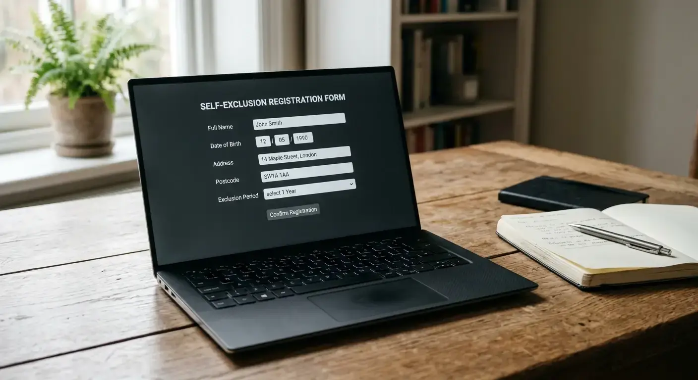Generic self-exclusion registration form on a laptop with plain text fields visible