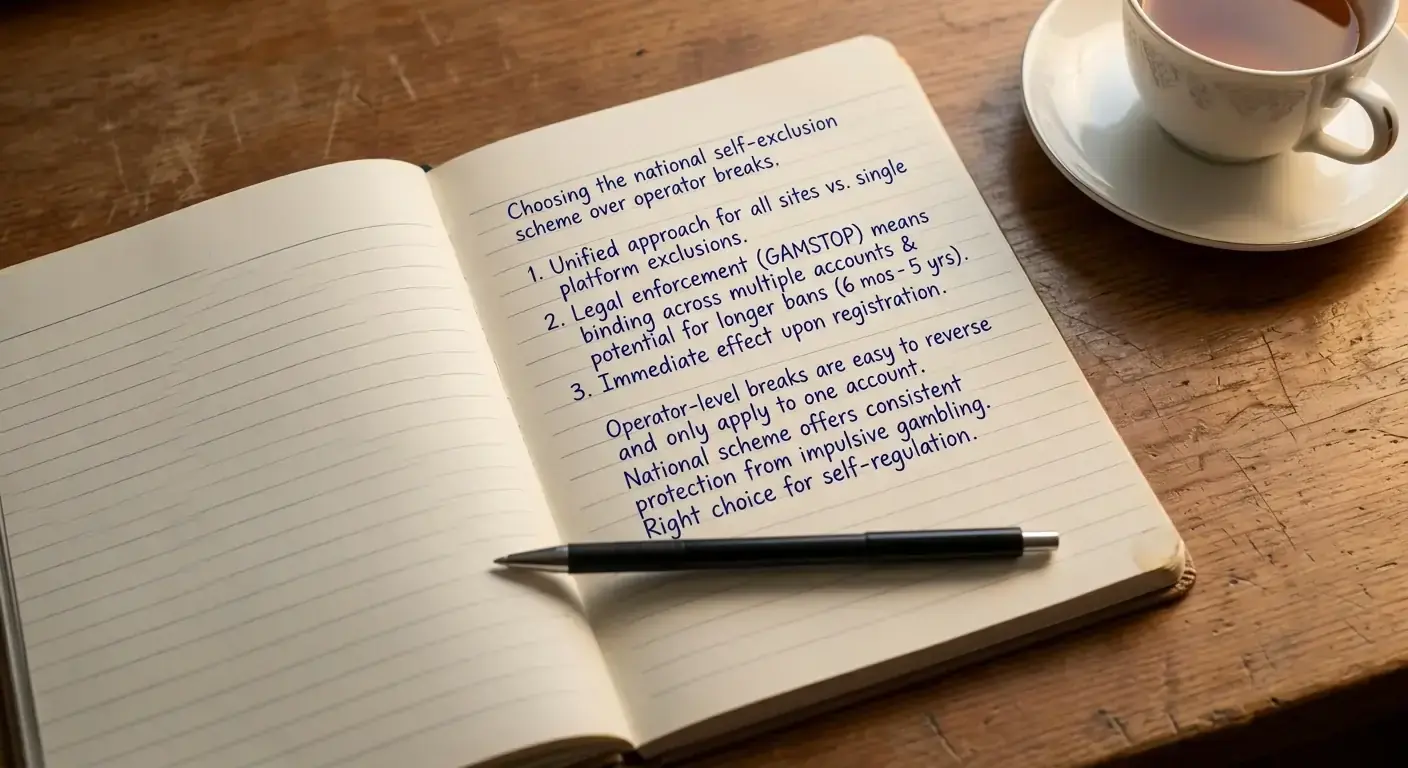 Quiet evening desk with a notebook of reflective notes on choosing national self-exclusion