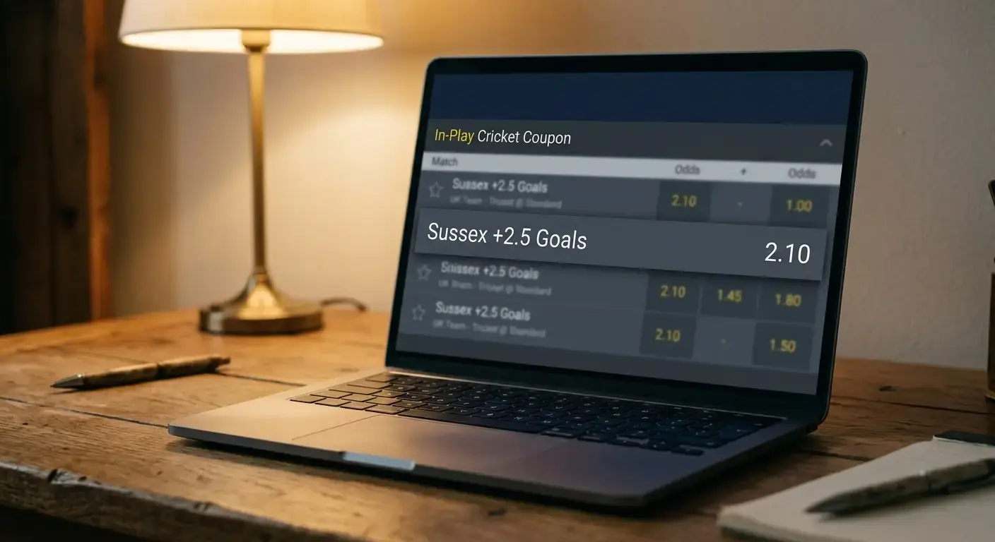 Laptop screen showing a handicap line as the headline number on a generic cricket coupon