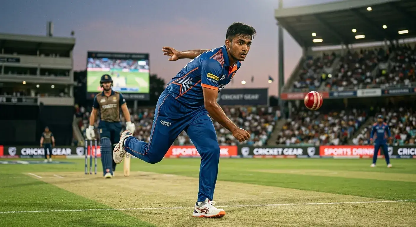 Bowler completing his action mid-over with the ball on its way to the batter