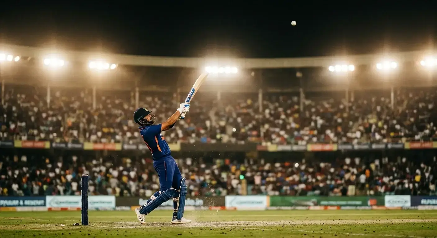 Batter hitting a powerful six under floodlights during a modern high-scoring ODI