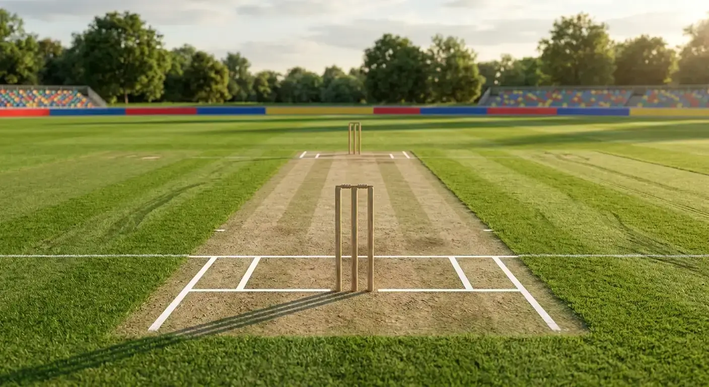 Cricket pitch with a generic Hundred-style five-ball over markings ready for play