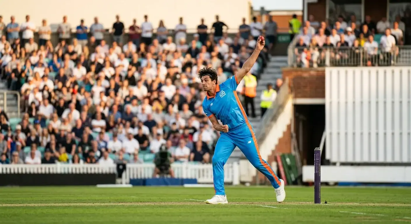 Bowler delivering during a Hundred match at a packed English ground with bright pink and yellow team colours