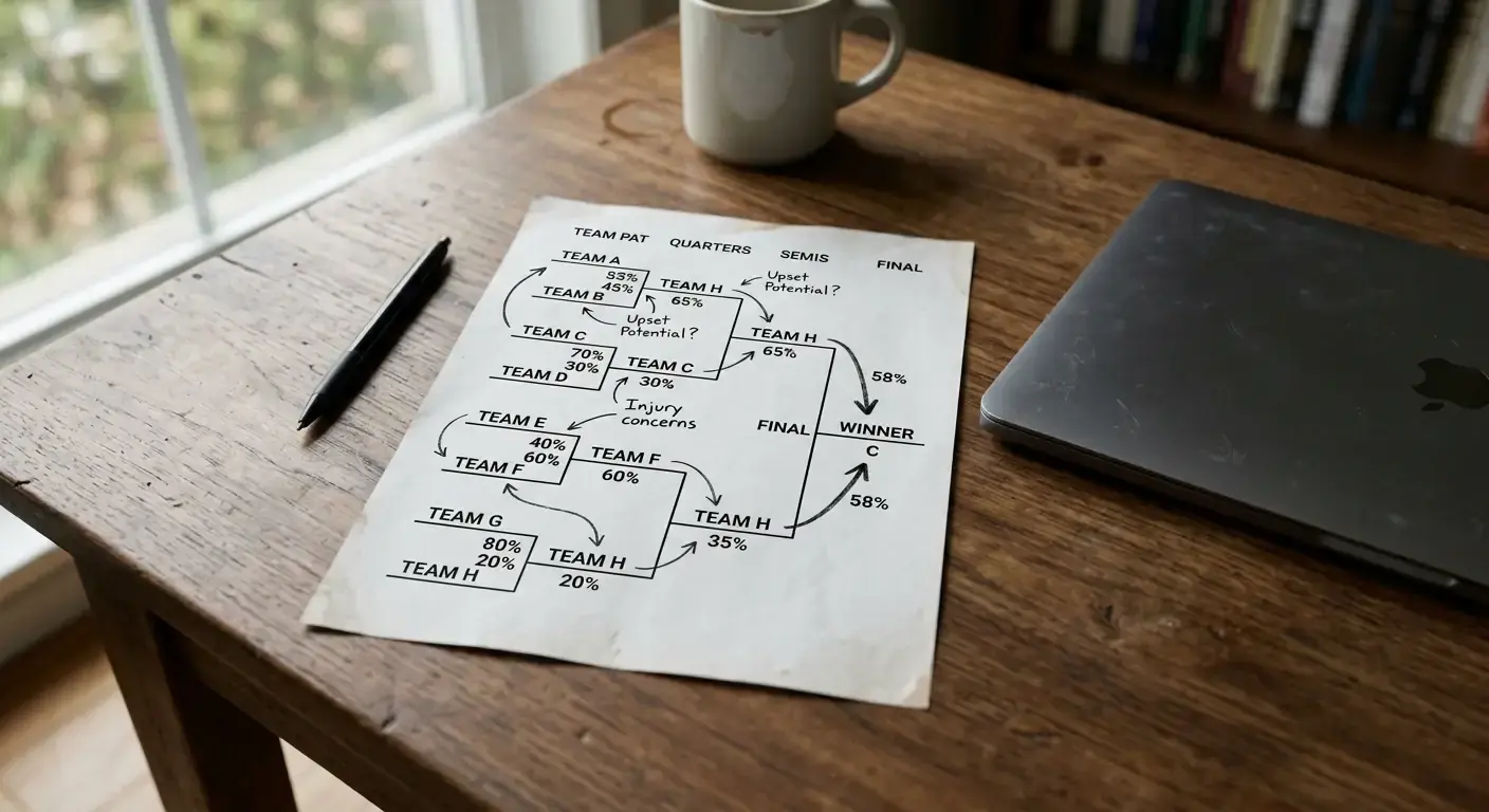 Cricket analyst's desk with a printed bracket showing Hundred eliminator paths and outright market estimates