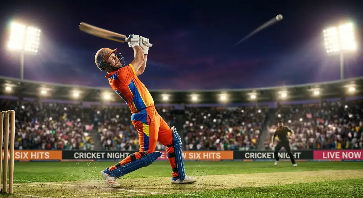 Batter in colourful Hundred kit launching the ball over deep midwicket for a six