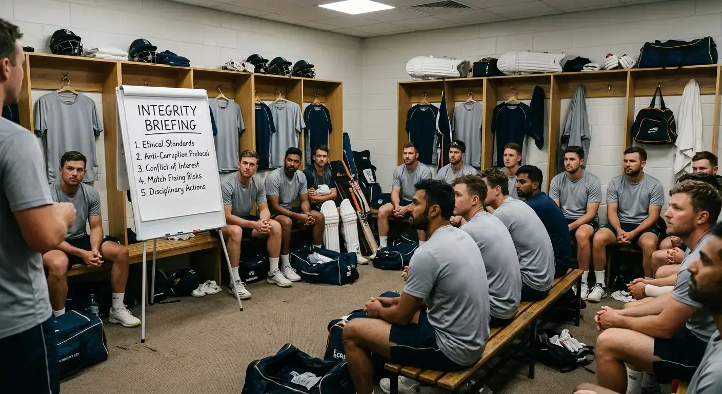 Cricket team in a dressing room during a pre-tournament anti-corruption briefing