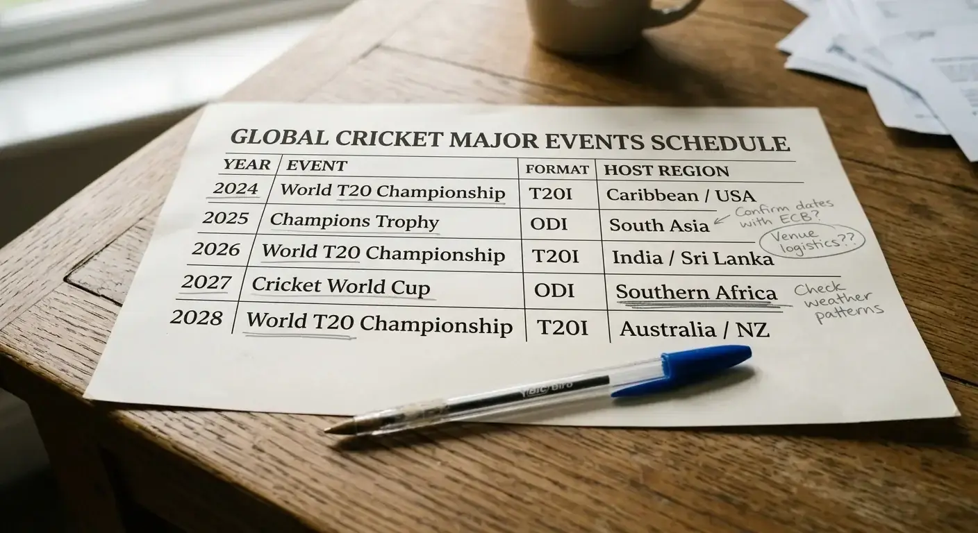 Printed schedule of generic ICC global cricket events laid out on a desk with handwritten notes