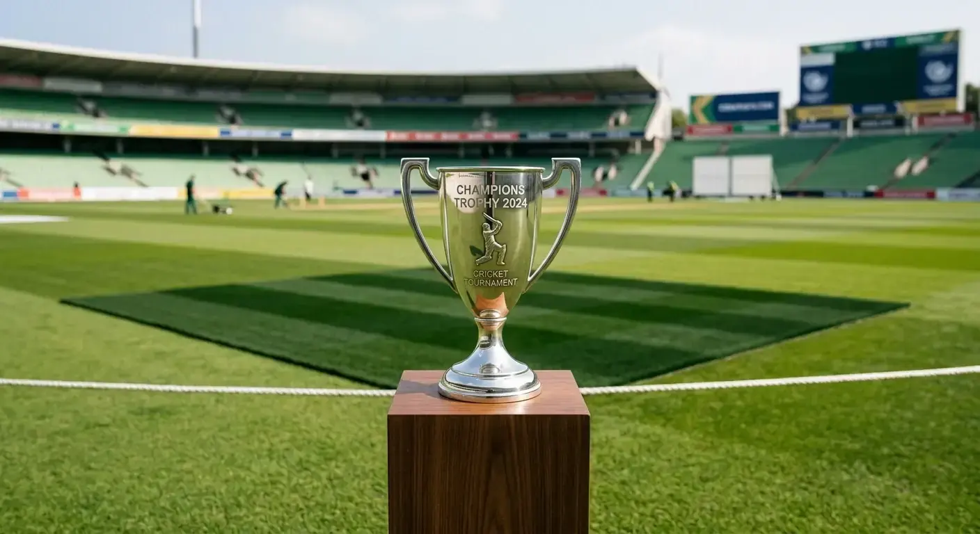 Generic ICC style silver tournament trophy displayed at a Test cricket ground before a final