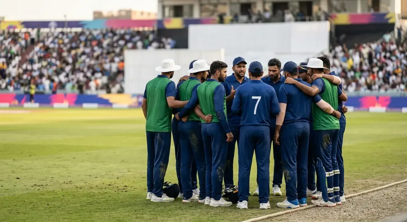 International cricket team in a pre-match huddle on the boundary edge before a group game