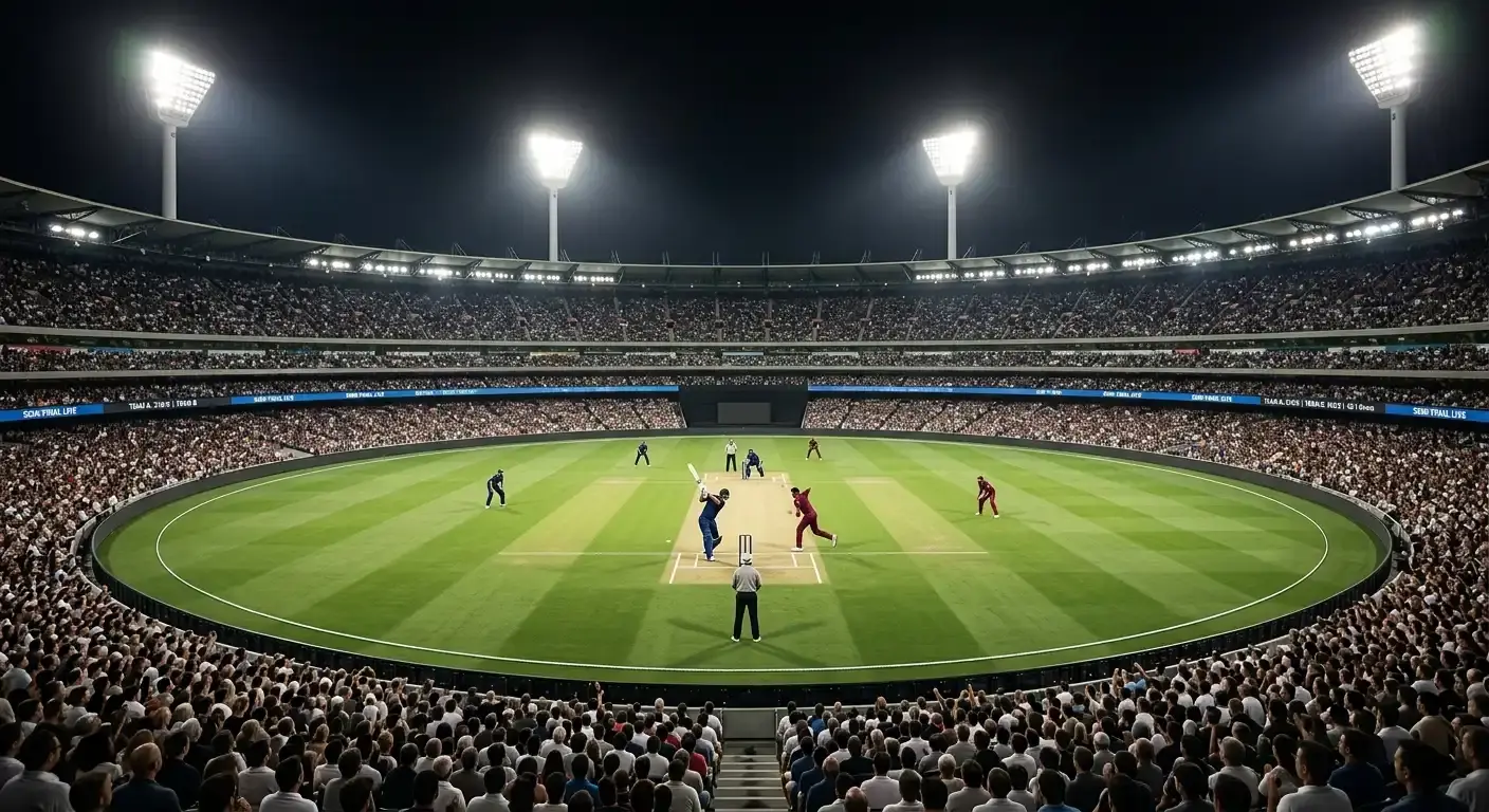 Floodlit international cricket stadium during a knockout semi-final game