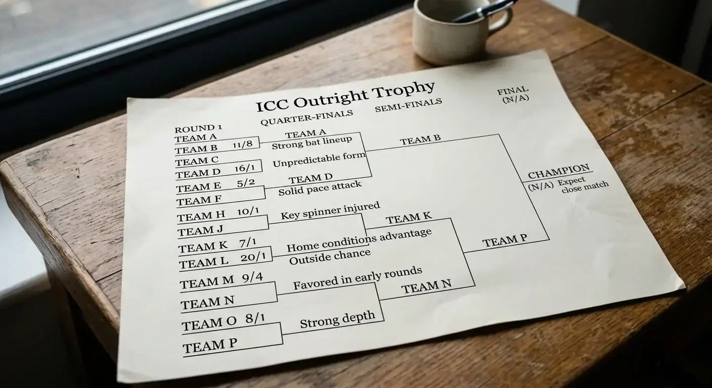 Editorial bracket diagram showing generic ICC tournament outright paths with handwritten odds