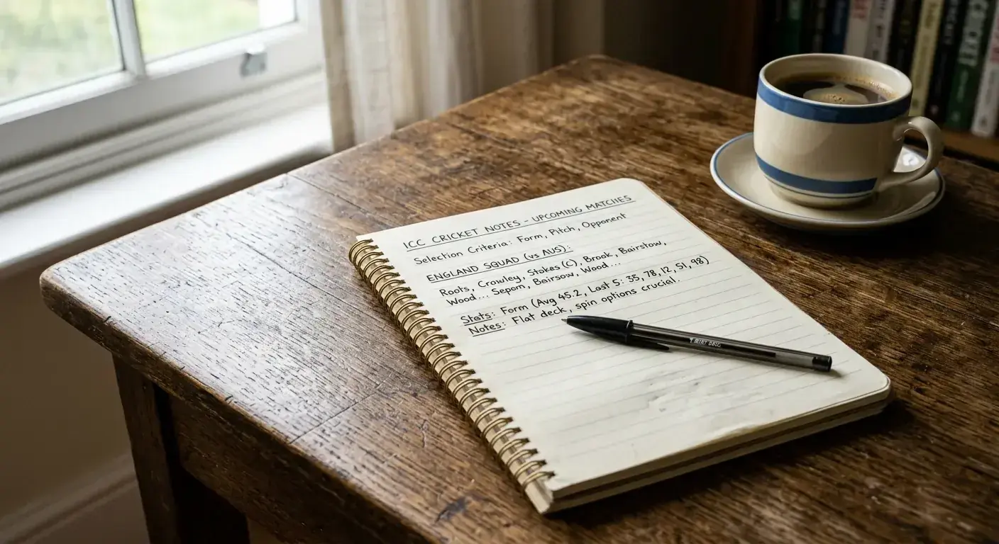 Patient bettor reviewing ICC tournament selection notes at a quiet desk with a coffee mug