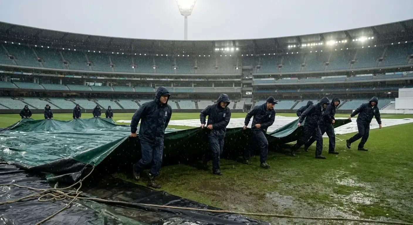 Ground staff pulling rain covers across an international cricket pitch during a washout