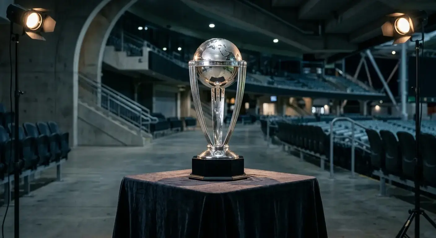 ICC cricket trophy on display ahead of a global tournament final